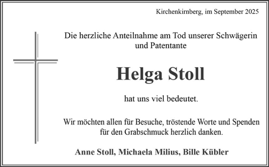 Traueranzeige von Helga Stoll von Rundschau Gaildorf
