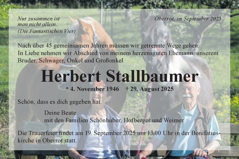  Traueranzeige für Herbert Stallbaumer vom 16.09.2025 aus Rundschau Gaildorf