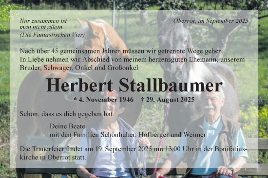 Traueranzeige von Herbert Stallbaumer von Rundschau Gaildorf