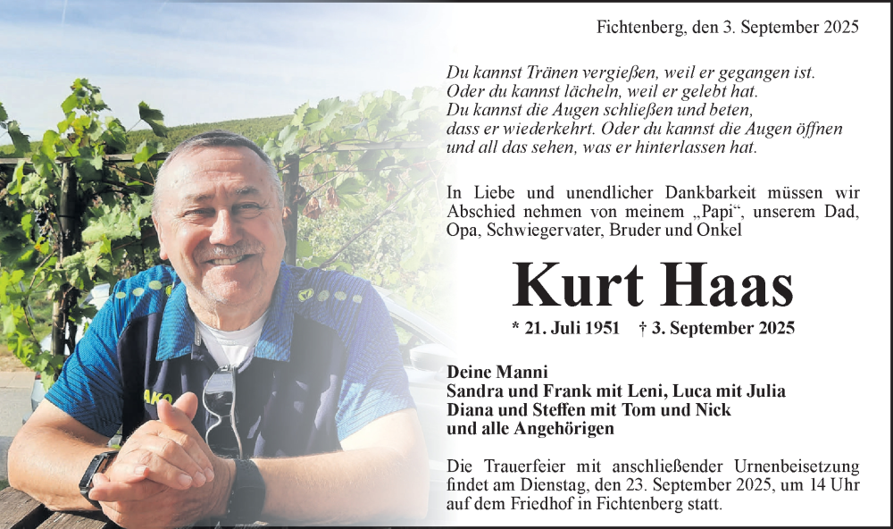  Traueranzeige für Kurt Haas vom 20.09.2025 aus Rundschau Gaildorf