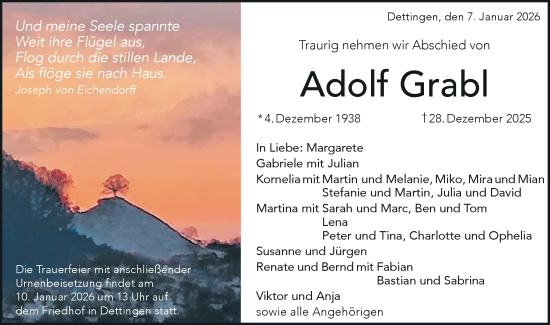 Traueranzeige von Adolf Grabl von Alb-Bote/Metzinger-Uracher Volksblatt