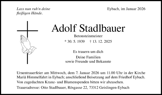 Traueranzeige von Adolf Stadlbauer von Geislinger Zeitung
