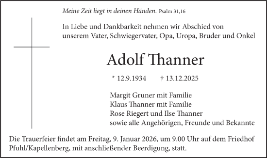 Traueranzeige von Adolf Thanner von SÜDWEST PRESSE Ausgabe Ulm/Neu-Ulm/Neu-Ulmer Zeitung