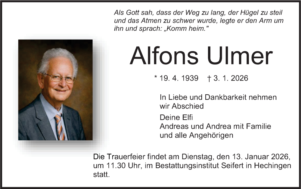  Traueranzeige für Alfons Ulmer vom 10.01.2026 aus SÜDWEST PRESSE Zollernalbkreis/Hohenzollerische Zeitung