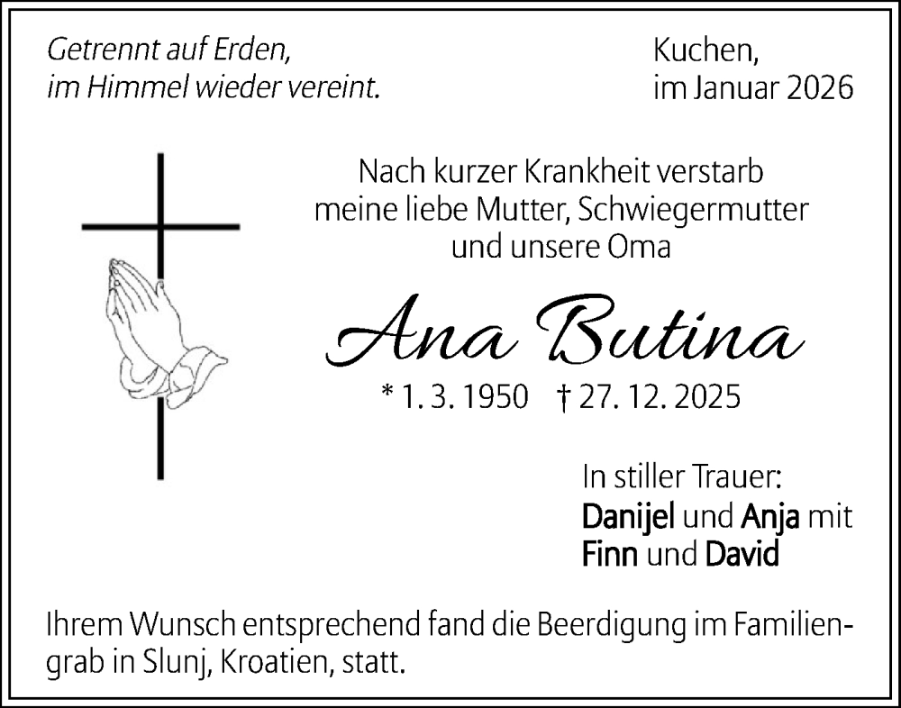  Traueranzeige für Ana Butina vom 03.01.2026 aus Geislinger Zeitung