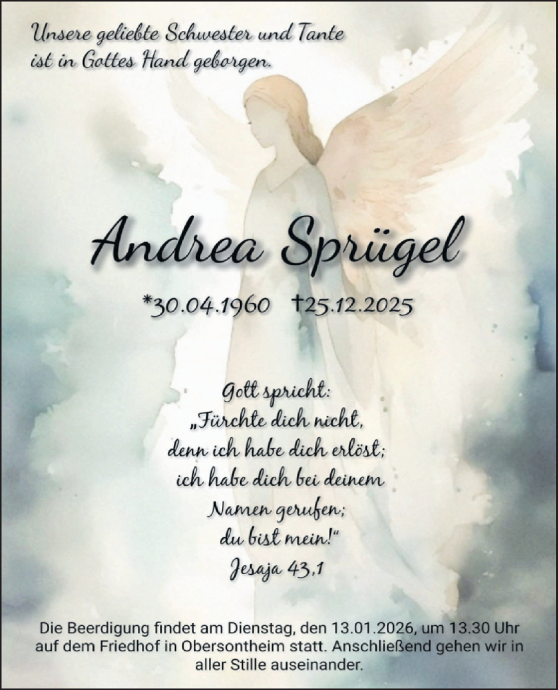  Traueranzeige für Andrea Sprügel vom 10.01.2026 aus Haller Tagblatt