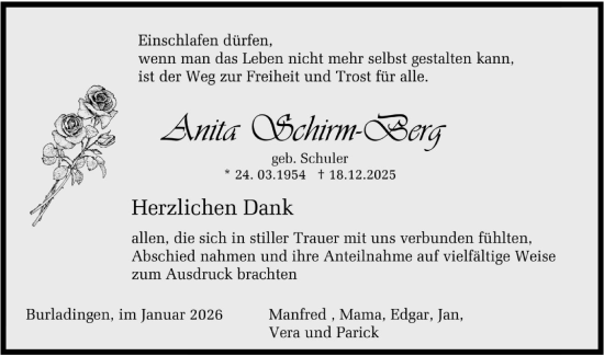 Traueranzeige von Anita Ochirm-Berg von SÜDWEST PRESSE Zollernalbkreis/Hohenzollerische Zeitung