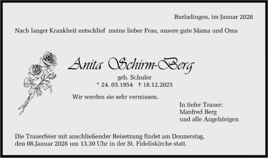 Traueranzeige von Anita Schirm-Berg von SÜDWEST PRESSE Zollernalbkreis/Hohenzollerische Zeitung