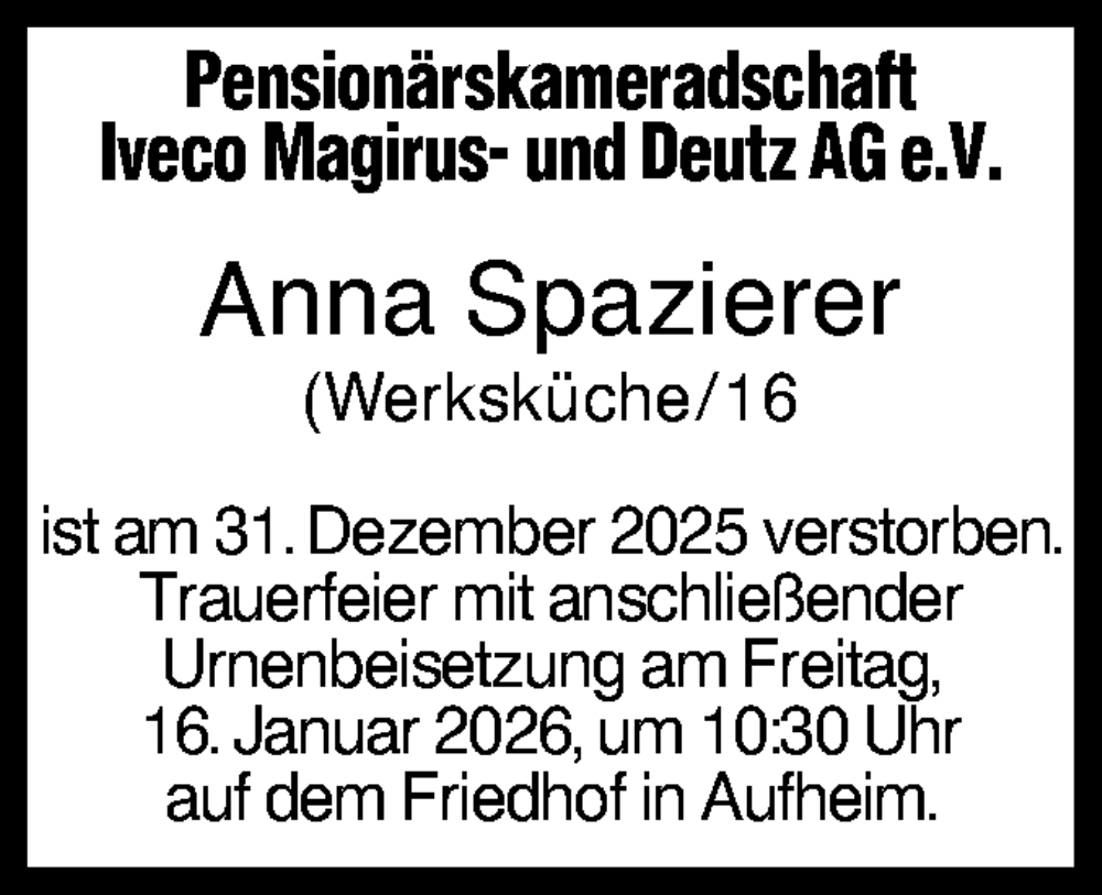  Traueranzeige für Anna Spazierer vom 12.01.2026 aus SÜDWEST PRESSE Ausgabe Ulm/Neu-Ulm