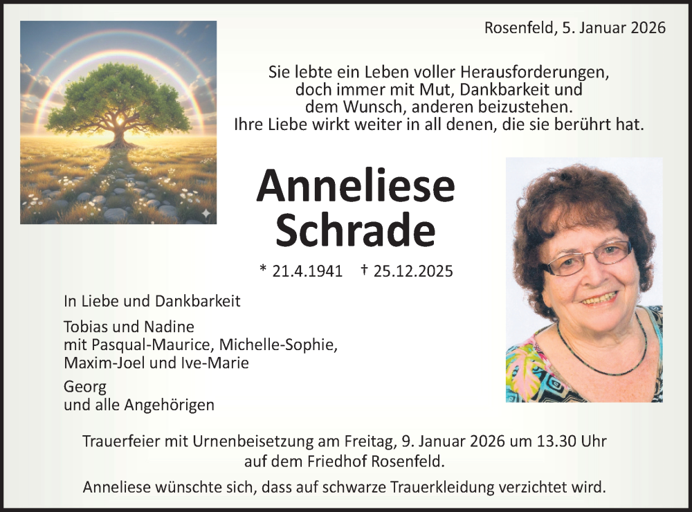  Traueranzeige für Anneliese Schrade vom 05.01.2026 aus SÜDWEST PRESSE Zollernalbkreis/Hohenzollerische Zeitung