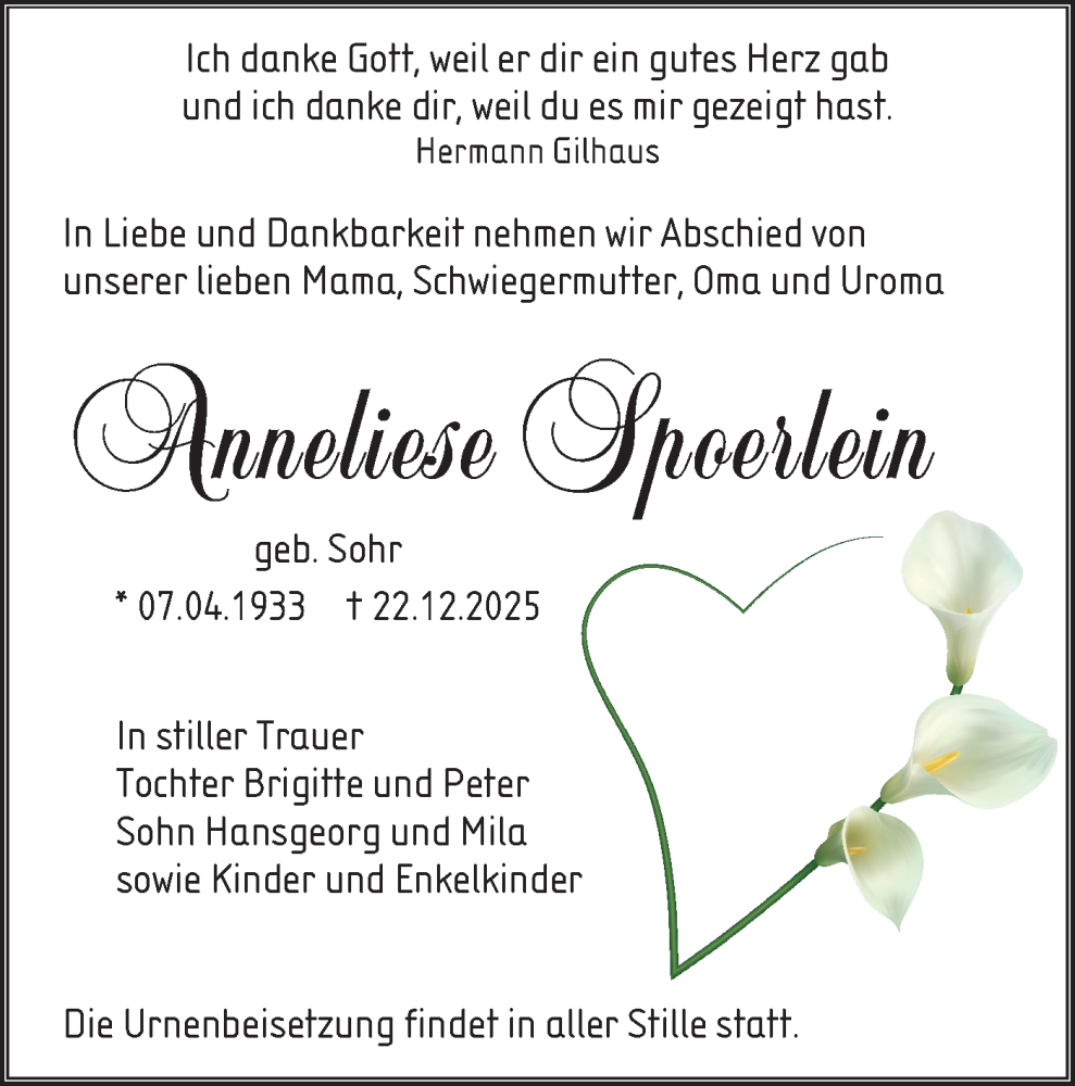  Traueranzeige für Anneliese Spoerlein vom 03.01.2026 aus SÜDWEST PRESSE Ausgabe Ulm/Neu-Ulm