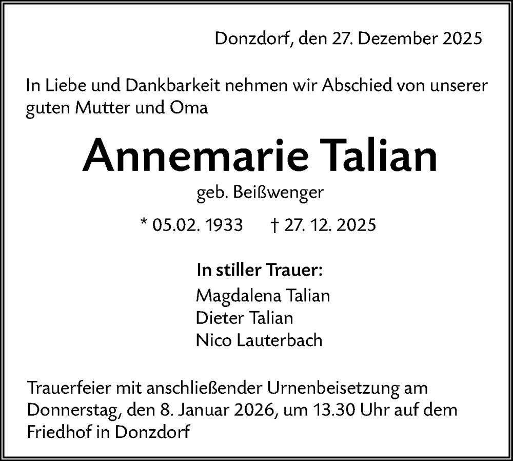 Traueranzeige für Annemarie Talian vom 07.01.2026 aus NWZ Neue Württembergische Zeitung