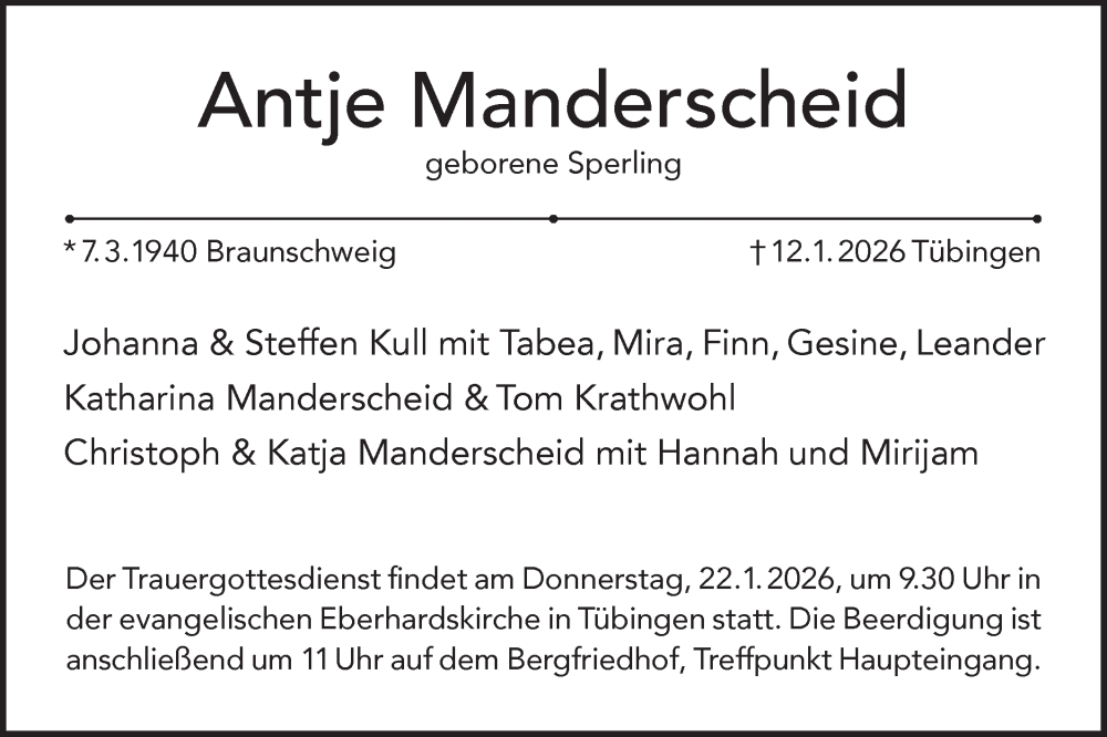  Traueranzeige für Antje Manderscheid vom 17.01.2026 aus Schwäbische Tagblatt