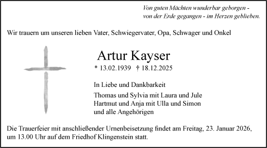 Traueranzeige von Artur Kayser von SÜDWEST PRESSE Ausgabe Ulm/Neu-Ulm