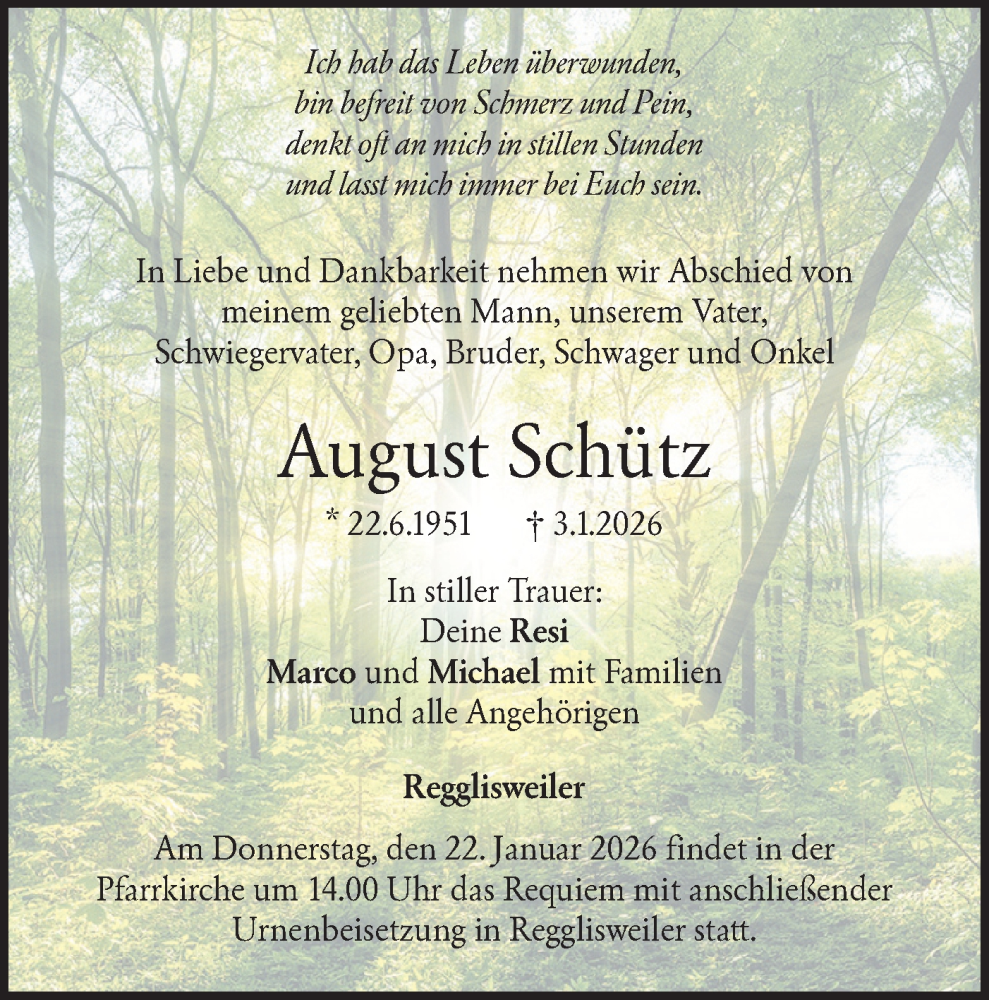  Traueranzeige für August Schütz vom 19.01.2026 aus SÜDWEST PRESSE Ausgabe Ulm/Neu-Ulm