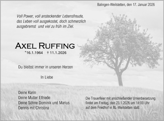 Traueranzeige von Axel Ruffing von SÜDWEST PRESSE Zollernalbkreis/Hohenzollerische Zeitung