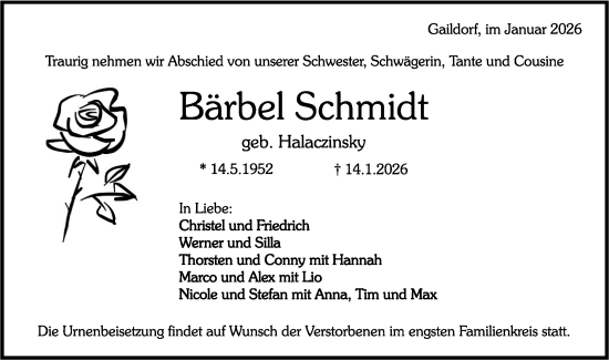 Traueranzeige von Bärbel Schmidt von Rundschau Gaildorf