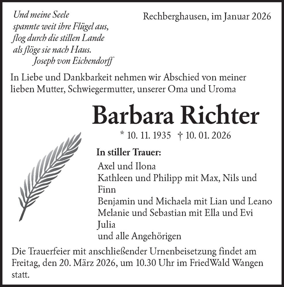  Traueranzeige für Barbara Richter vom 24.01.2026 aus NWZ Neue Württembergische Zeitung