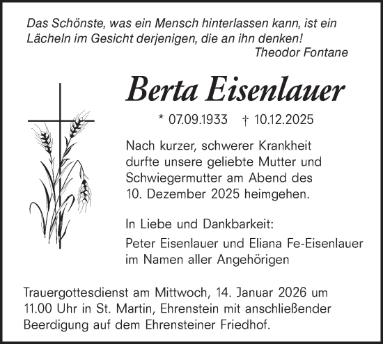 Traueranzeige von Berta Eisenlauer von SÜDWEST PRESSE Ausgabe Ulm/Neu-Ulm