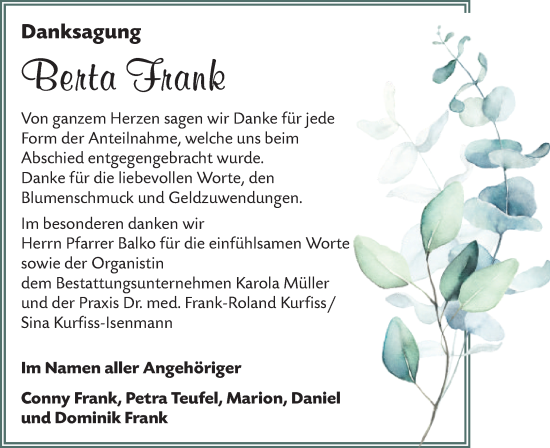 Traueranzeige von Berta Frank von Rundschau Gaildorf