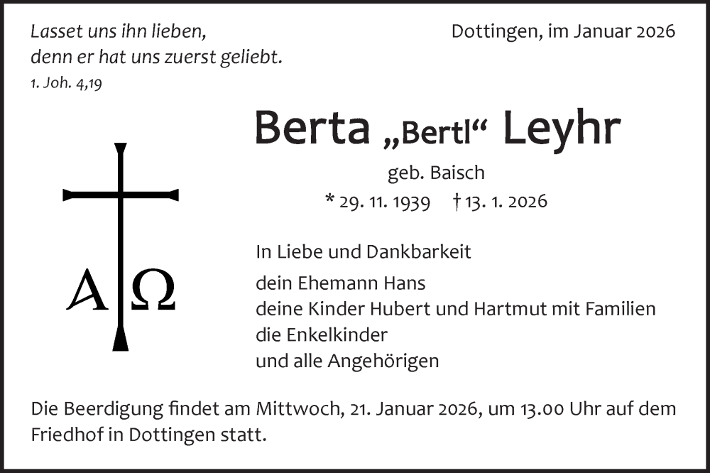  Traueranzeige für Berta Leyhr vom 19.01.2026 aus Alb-Bote/Metzinger-Uracher Volksblatt