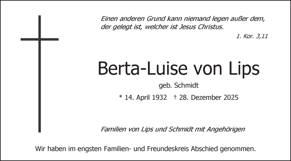  Traueranzeige für Berta-Luise von Lips vom 10.01.2026 aus Neckar-Chronik