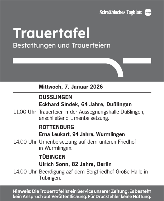 Traueranzeige von Bestattungen vom 07.01.2026 von Schwäbische Tagblatt