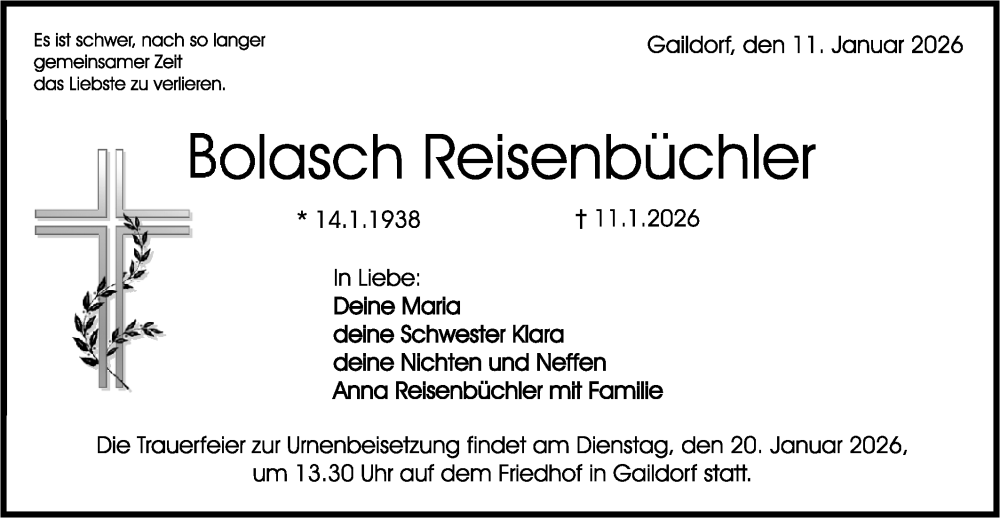  Traueranzeige für Bolasch Reisenbüchler vom 16.01.2026 aus Rundschau Gaildorf