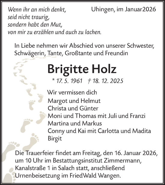 Traueranzeige von Brigitte Holz von NWZ Neue Württembergische Zeitung