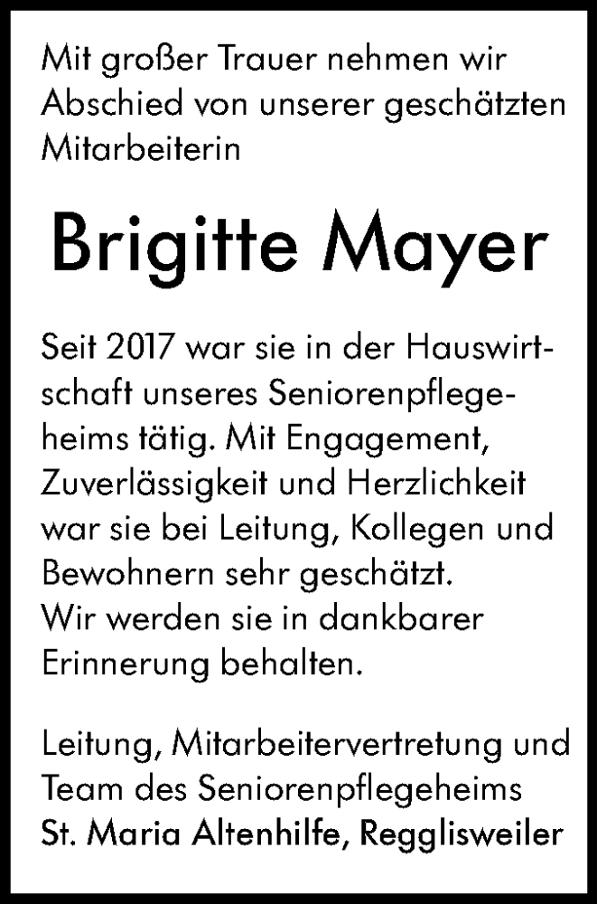  Traueranzeige für Brigitte Mayer vom 10.01.2026 aus SÜDWEST PRESSE Ausgabe Ulm/Neu-Ulm
