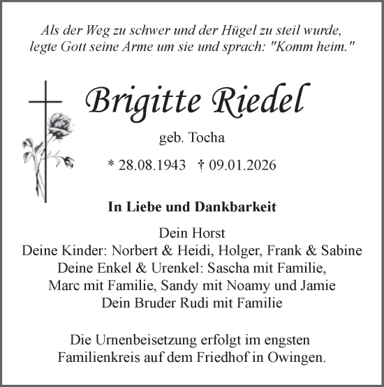 Traueranzeige von Brigitte Riedel von SÜDWEST PRESSE Zollernalbkreis/Hohenzollerische Zeitung