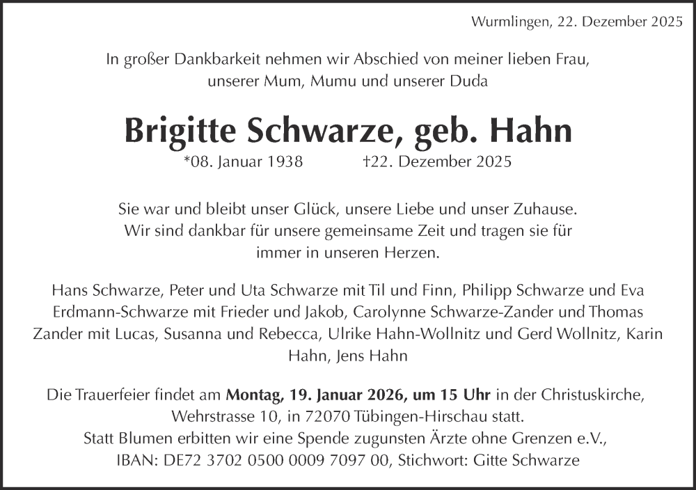  Traueranzeige für Brigitte Schwarze vom 05.01.2026 aus Schwäbische Tagblatt