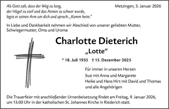 Traueranzeige von Charlotte Dieterich von Alb-Bote/Metzinger-Uracher Volksblatt