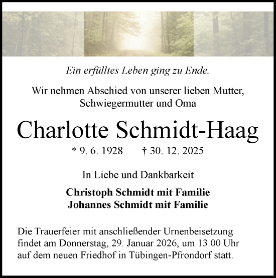 Traueranzeige von Charlotte Schmidt-Haag von Schwäbische Tagblatt