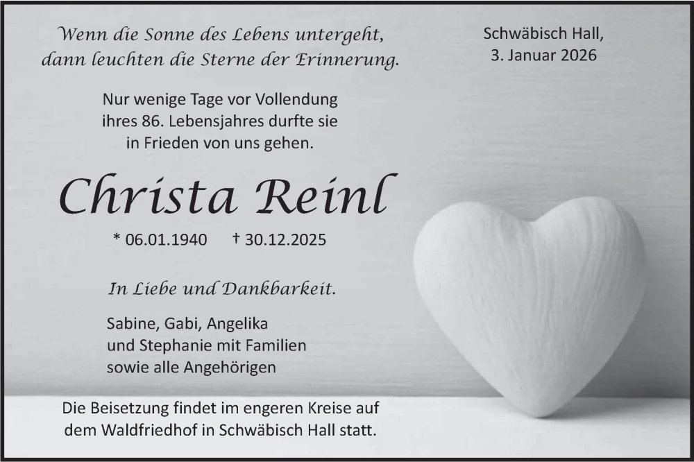  Traueranzeige für Christa Reinl vom 03.01.2026 aus Haller Tagblatt