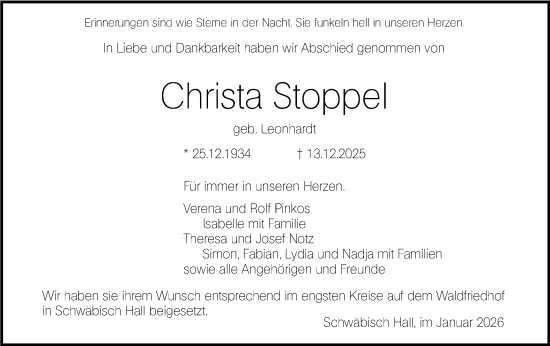 Traueranzeige von Christa Stoppel von Haller Tagblatt