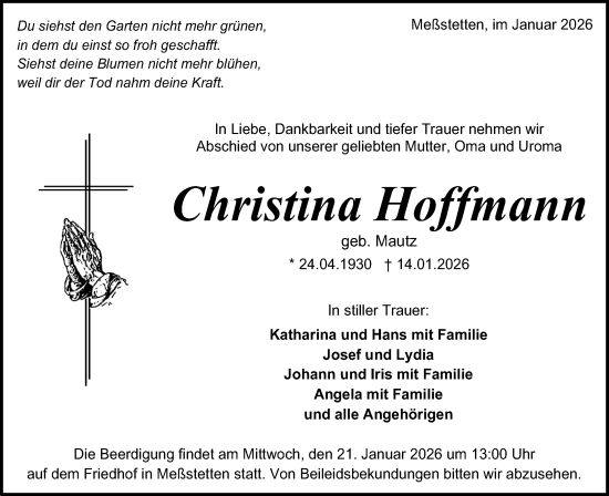 Traueranzeige von Christina Hoffmann von SÜDWEST PRESSE Zollernalbkreis/Hohenzollerische Zeitung
