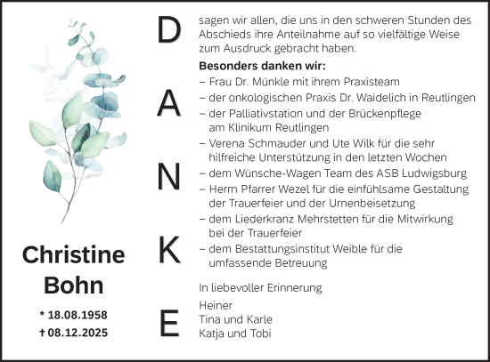 Traueranzeige von Christine Bohn von Alb-Bote/Metzinger-Uracher Volksblatt