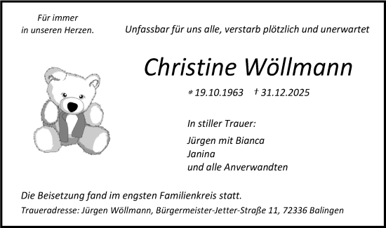 Traueranzeige von Christine Wöllmann von SÜDWEST PRESSE Zollernalbkreis/Hohenzollerische Zeitung