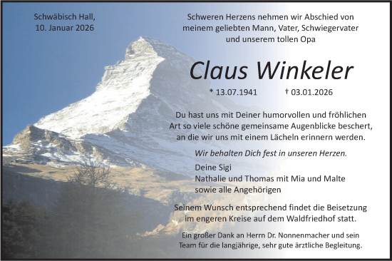 Traueranzeige von Claus Winkeler von Haller Tagblatt