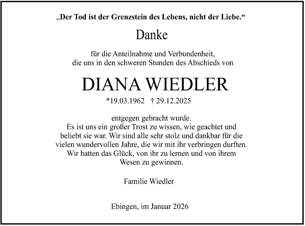  Traueranzeige für Diana Wiedler vom 10.01.2026 aus SÜDWEST PRESSE Zollernalbkreis/Hohenzollerische Zeitung