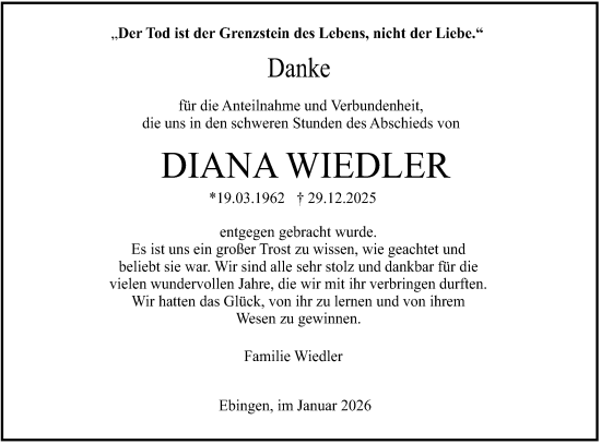 Traueranzeige von Diana Wiedler von SÜDWEST PRESSE Zollernalbkreis/Hohenzollerische Zeitung
