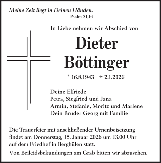 Traueranzeige von Dieter Böttinger von SÜDWEST PRESSE Ausgabe Ulm/Neu-Ulm