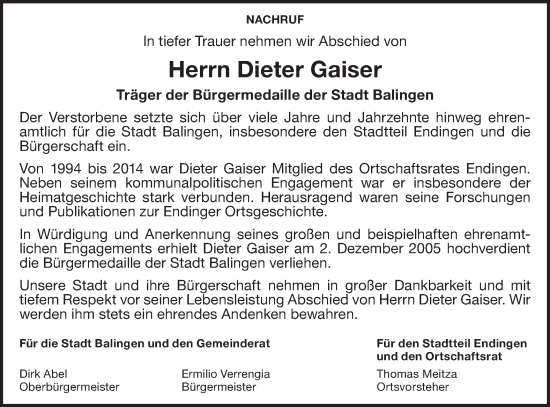 Traueranzeige von Dieter Gaiser von SÜDWEST PRESSE Zollernalbkreis/Hohenzollerische Zeitung