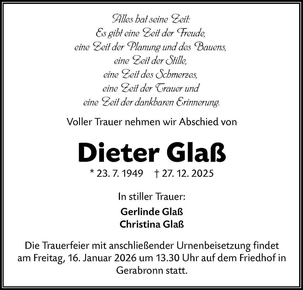  Traueranzeige für Dieter Glaß vom 09.01.2026 aus Hohenloher Tagblatt