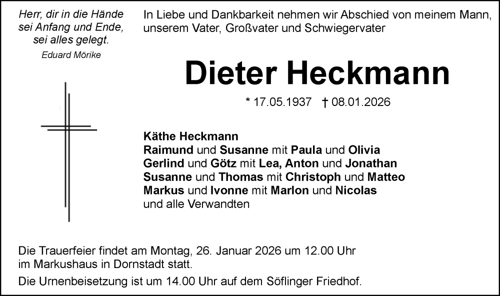  Traueranzeige für Dieter Heckmann vom 17.01.2026 aus SÜDWEST PRESSE Ausgabe Ulm/Neu-Ulm
