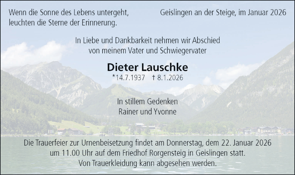  Traueranzeige für Dieter Lauschke vom 17.01.2026 aus Geislinger Zeitung