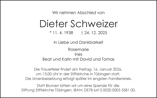 Traueranzeige von Dieter Schweizer von Schwäbische Tagblatt