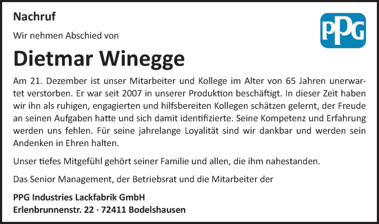 Traueranzeige von Dietmar Winegge von Schwäbische Tagblatt