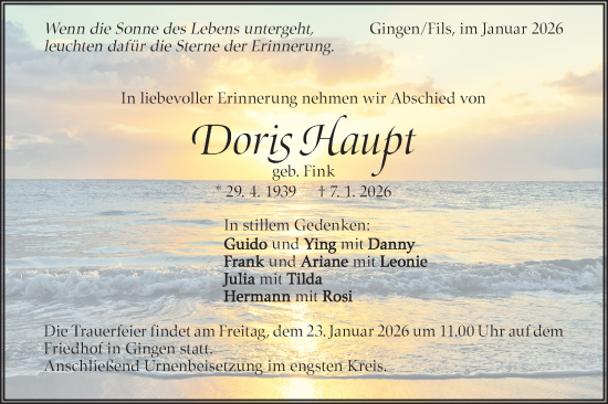 Traueranzeige von Doris Haupt von Geislinger Zeitung